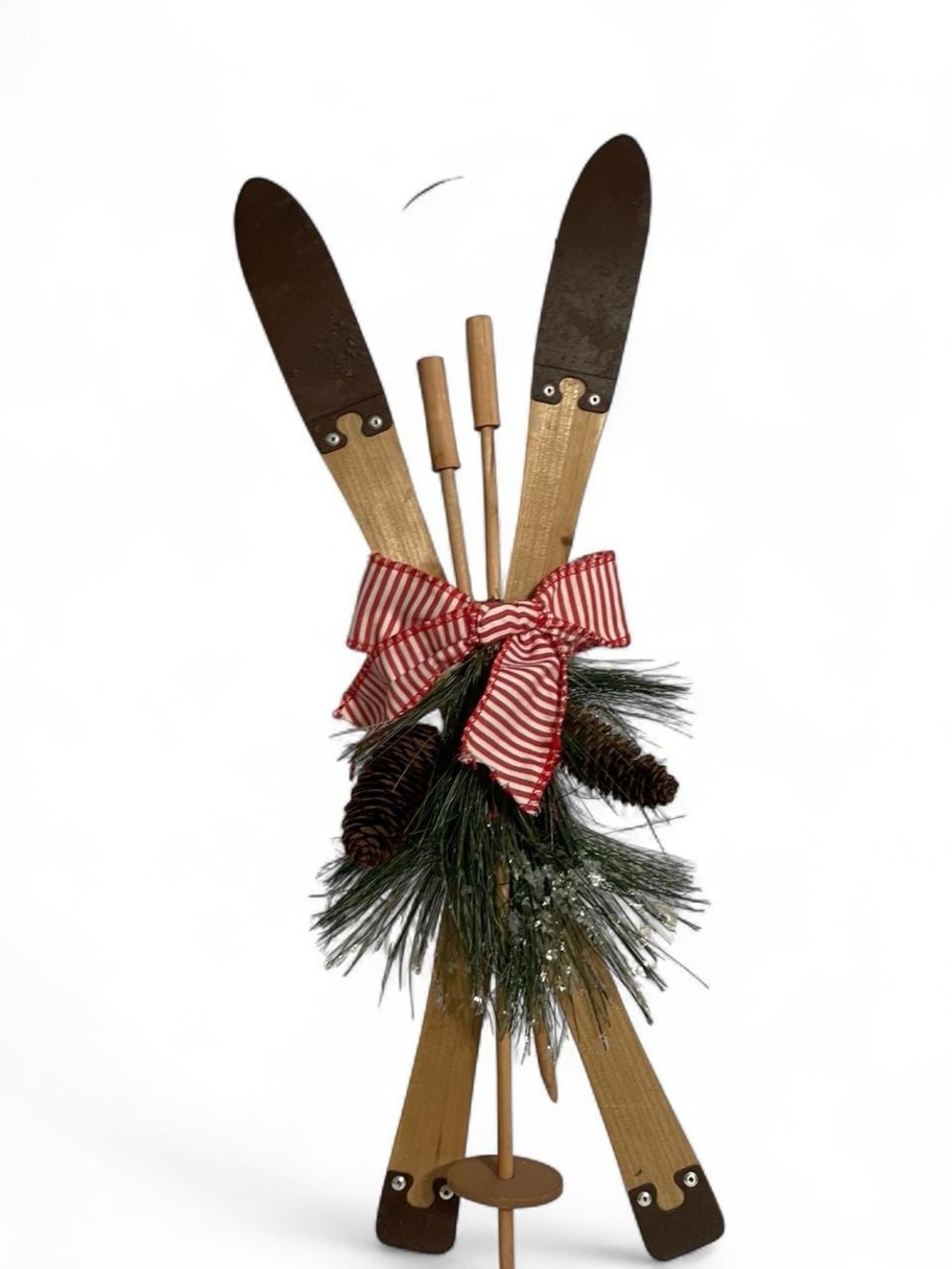 Vintage Ski Pole Holiday Floral Arrangement Wall Hanging Door Decor Pine Alpine